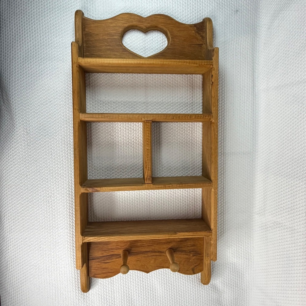 VTG 90s Rustic Wood Trinket Wall Shelf Heart Cutout with Pegs 27x12 Cottagecore